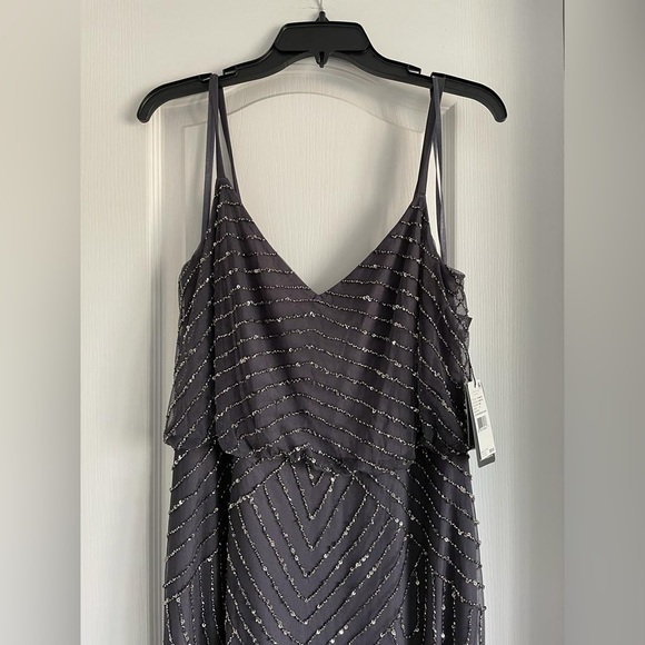 Nwt Adrianna Papell Spaghetti Strap Beaded Blouson Ball Gown in Gunmetal - Picture 10 of 15
